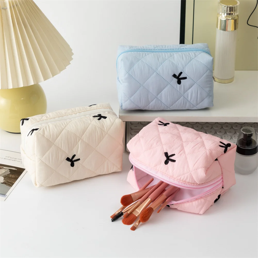 Bow Quilting tas Makeup katun wanita, kantung kosmetik ritsleting Organizer Makeup kapasitas besar kotak perlengkapan mandi portabel untuk perempuan