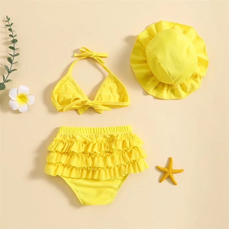 0-24M Fashion Summer Newborn Baby Girls Swimwear Bikini Set Cute Bow Droop Neck Tops+Layered Ruffles Shorts+Hat Beachwear