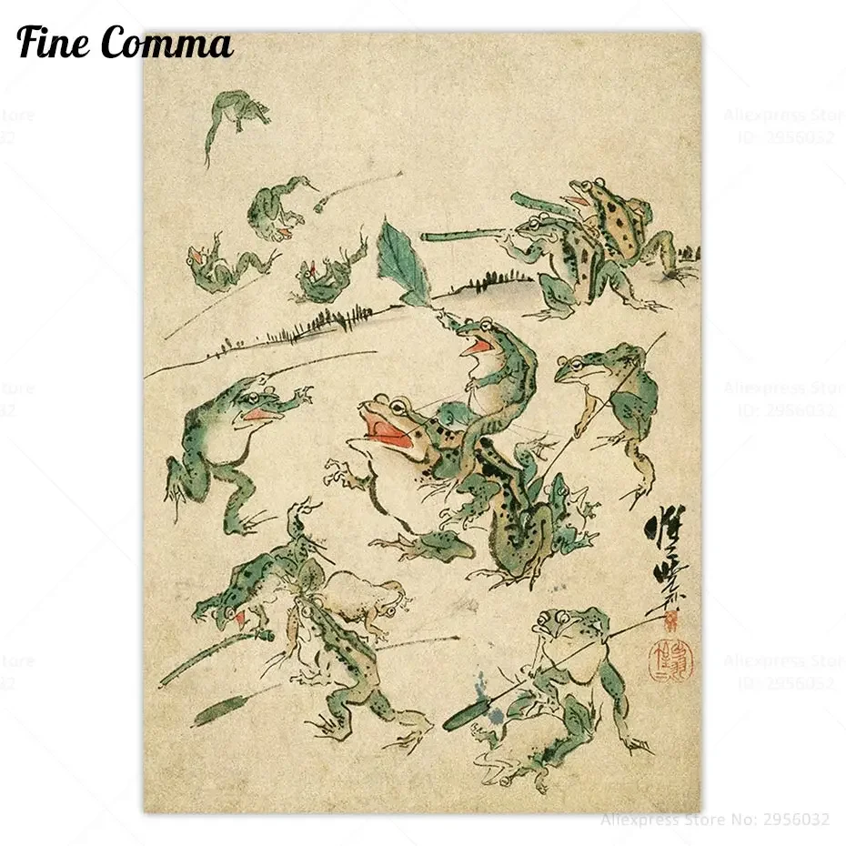 Vintage Frog Art Poster Frog Battle of Frogs Antique Japanese Wall Art Canvas Print Asian Vintage Painting Picture Wall Decor
