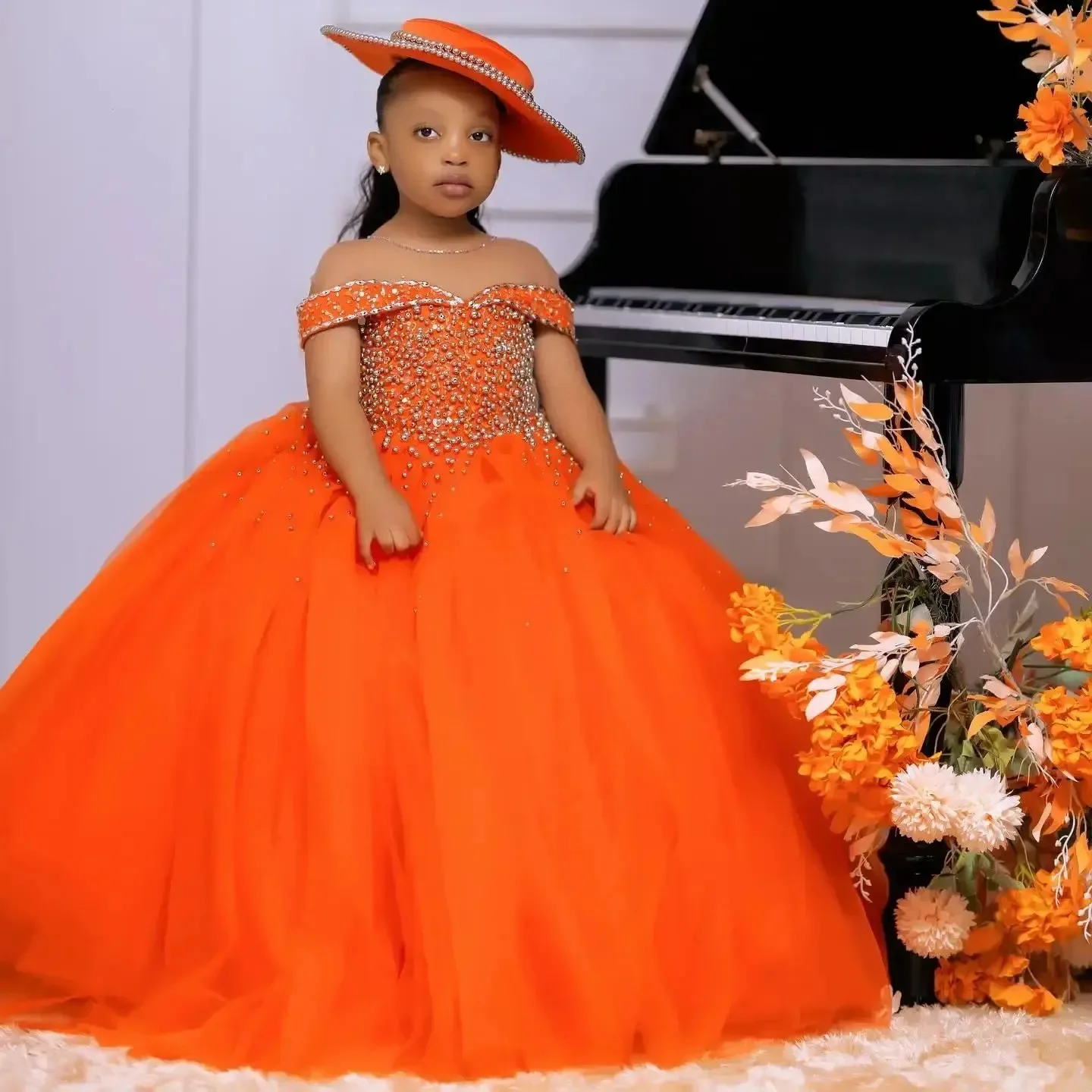 Custom Orange Off Shoulder Beaded Tulle Flower Girl Dress First Christmas Wedding Party Princess Gown فساتين اطفال س image 2