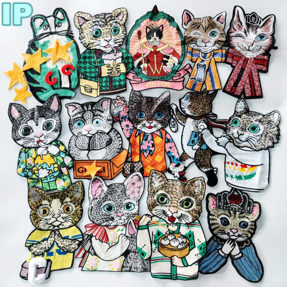 Embroidery Beaded Cat Patch,cats Sequined Badges,cute Animal Beads Appliques,cartoon Patches for Clothing DIY Accessory WF227308