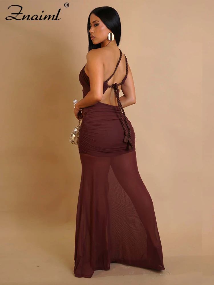 Znaiml Damska Seksowna Sukienka na Jedno Ramię Długa Wycięta z Rozcięciem Przezroczysta Siateczkowa Marszczona Suknia na Imprezę Urodzinową do Klubu Nocnego