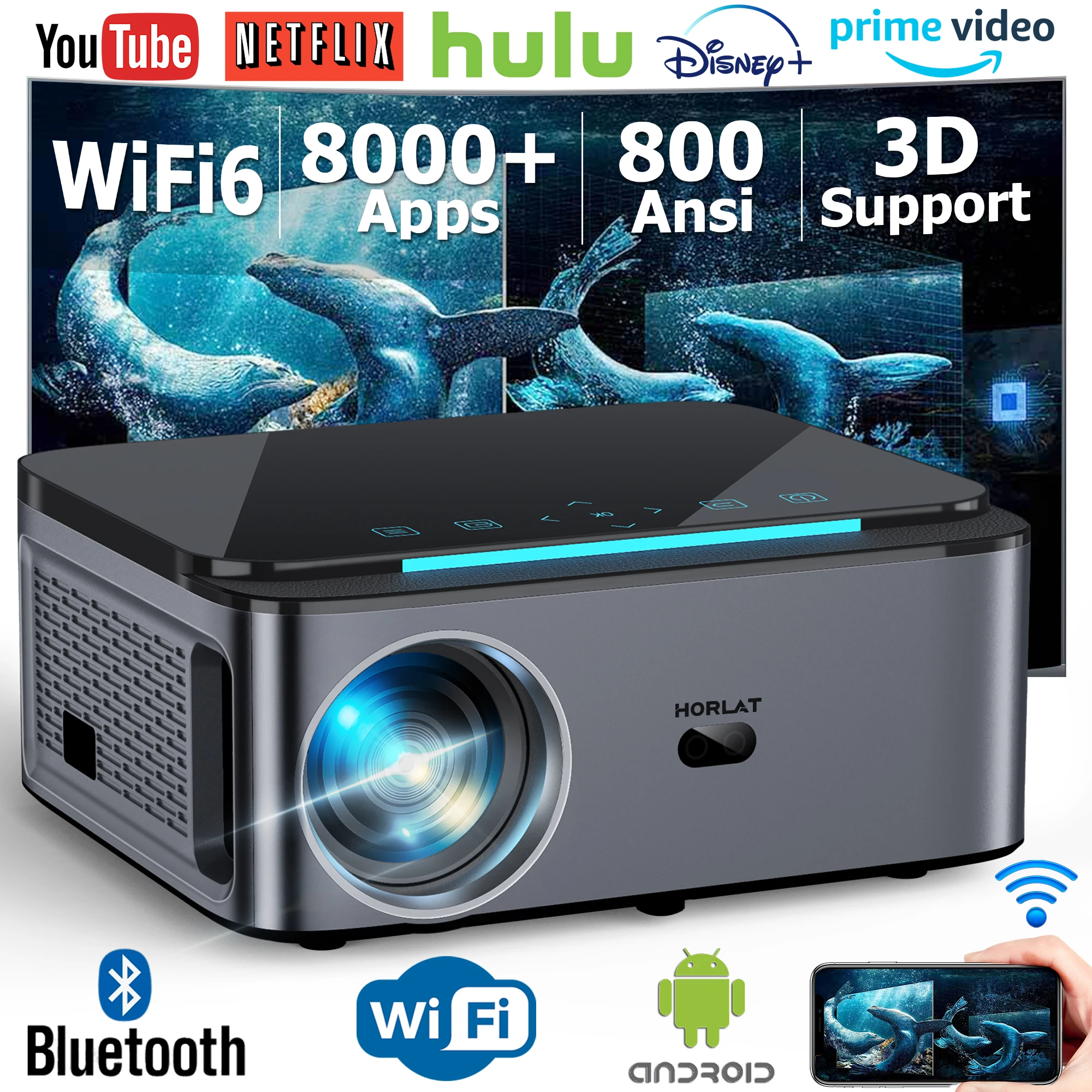 

HORLAT 800Ansi Lumens Android Beamer 3D Cinema Effect Full HD 1080P 4K Video Auto Keystone Home Theater WiFi6 Portable Proyector