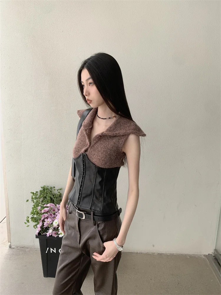 CHEERART Brown Leather Patchowrk Cardigan Sweaters For Women 2023 Designer Sleeveless Knit Top Spring Clothes