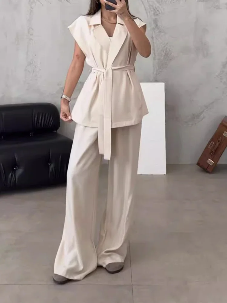 Spring Summer Office Lady Fashion Elegance Solid Color Turn Down Collar Belt Sleeveless Vest+High Waist Wide Leg Long Pants