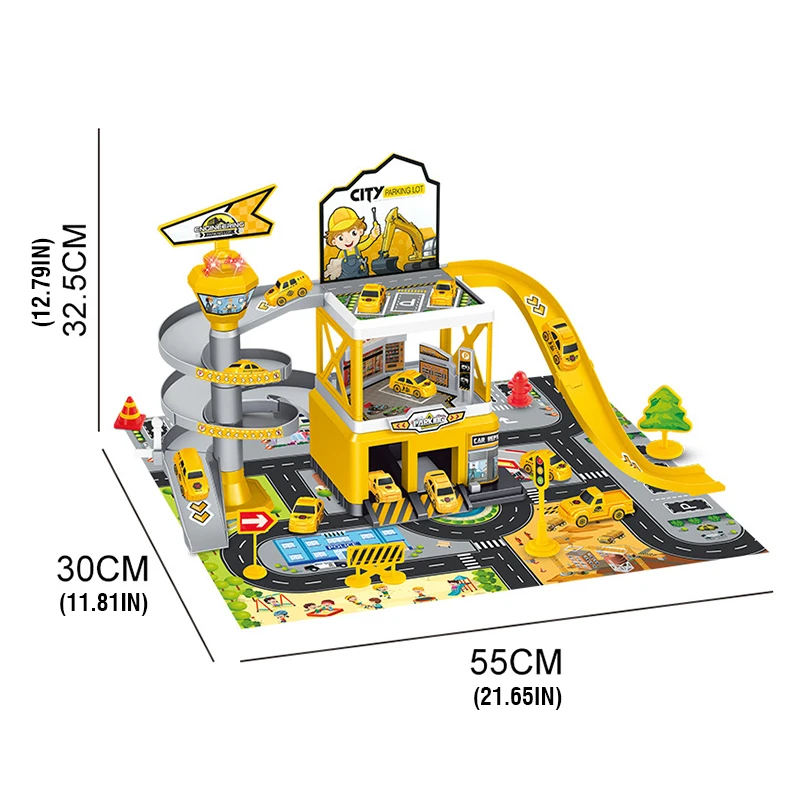 Children's Engineering Rail Car Inertia Vehicle Toy DIY Assembled Track City Parking Lot with 3 Piece Alloy Race Car Boys Toys