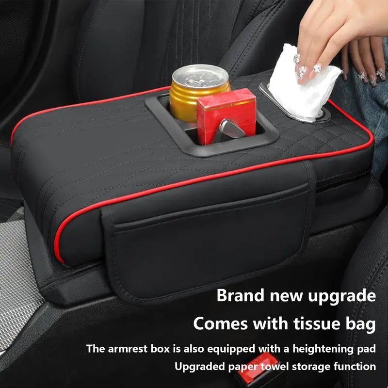 Almohadilla para reposabrazos de coche, almohada para consola central con bolsillos de almacenamiento, almohada para reposabrazos para coche con portavasos y soporte para pañuelos