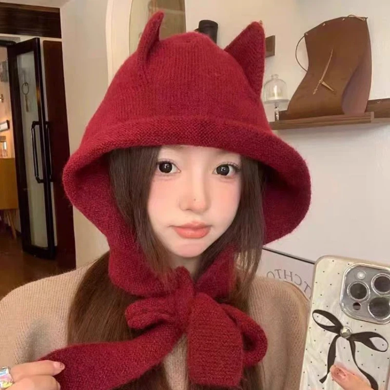 Creative Sharp Devil Horn Knitted Earflap Hat Winter Warmth Versatile Neck Warm Cold-proof Balaclava Winter Hat Winter Items