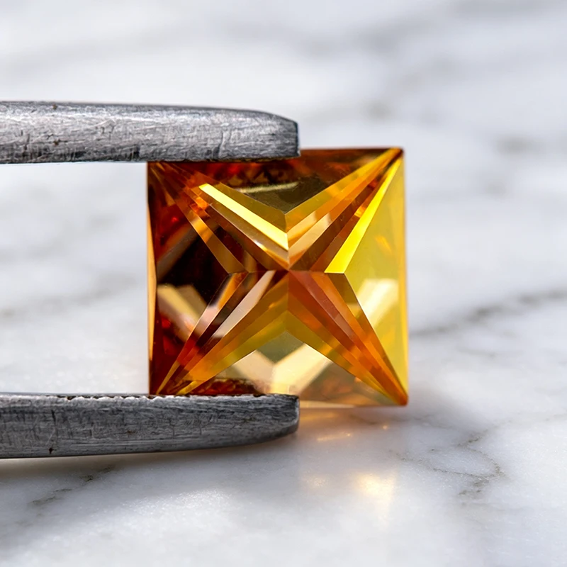 Moissanit-Stein im Princess-Schliff, orange Farbe, im Labor gezüchteter Edelstein für DIY-Schmuckherstellung, besteht den Diamanttest mit Zertifikat. – Detail 6