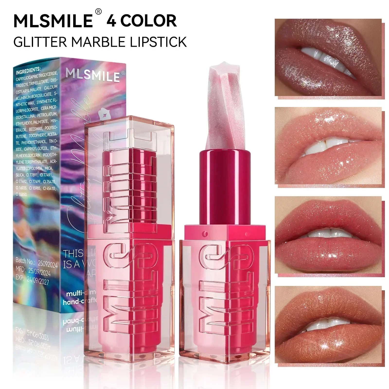 MLSMILE 4 Color Glitter Marble Lipstick Shine Gloss Moisturizing Waterproof Fashion Design Professional Lipstick 2.6g