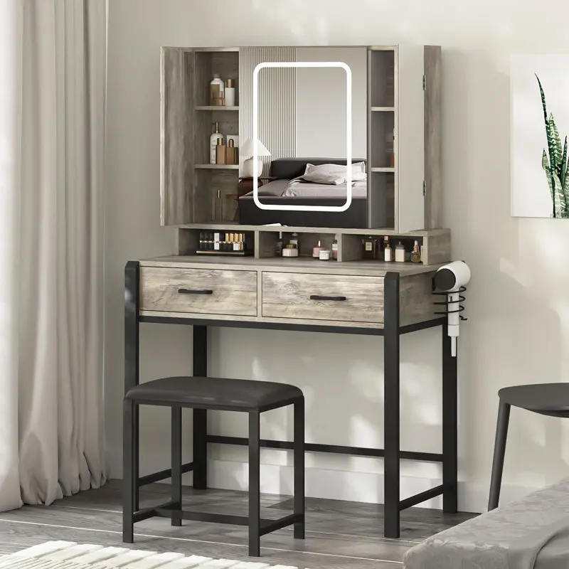 Simple Dressing Table Stand Frame Folding Make Up Dressing Table Vanity Desk for Make up with Mirror and Charging Station