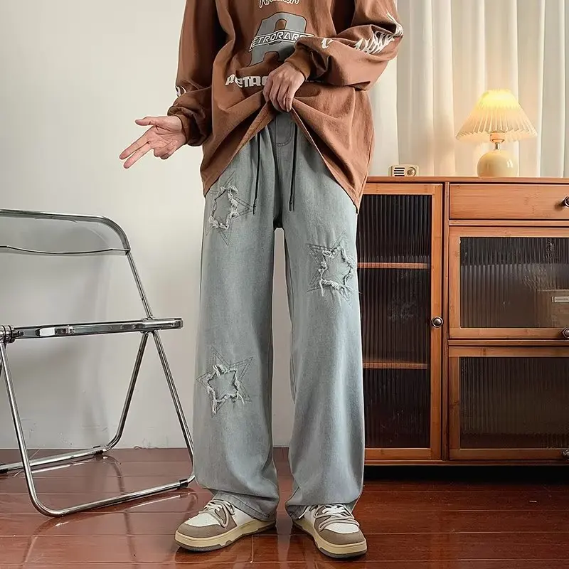 Washed American High Street Five-Pointed Star Jeans Men's Korean Version Straight Loose Youthful Floor-Length Wide Leg Flared...