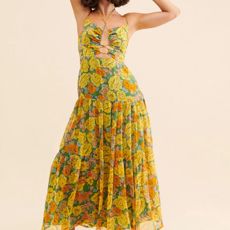 Maemukilabe 花柄カットアウトマキシドレスボヘミアンフロントタイアップ流れるドレス女性のための夏の背中の開いた A ラインドレス休暇