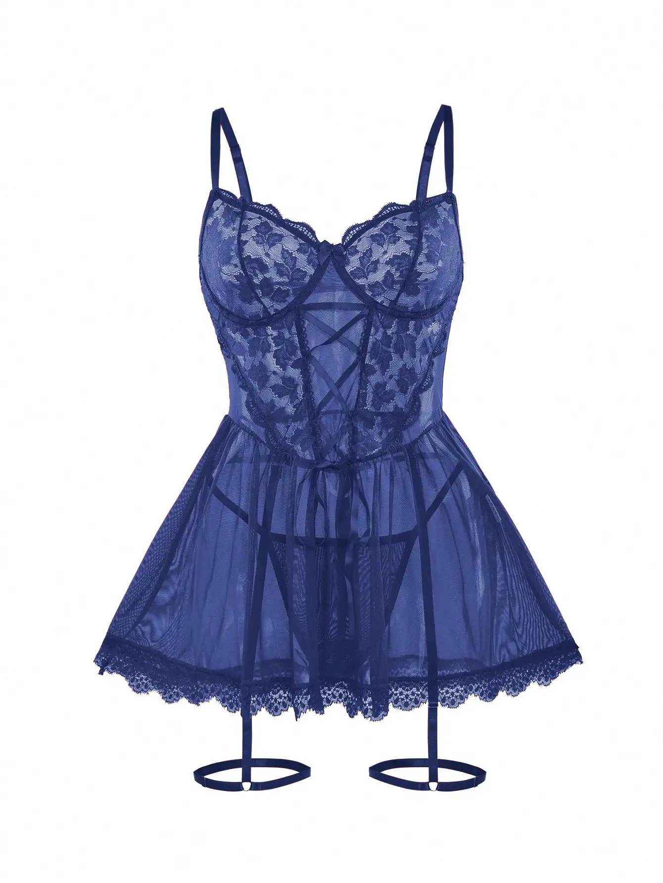 Contrast Lace Mesh Underwire Garter Lingerie Dress