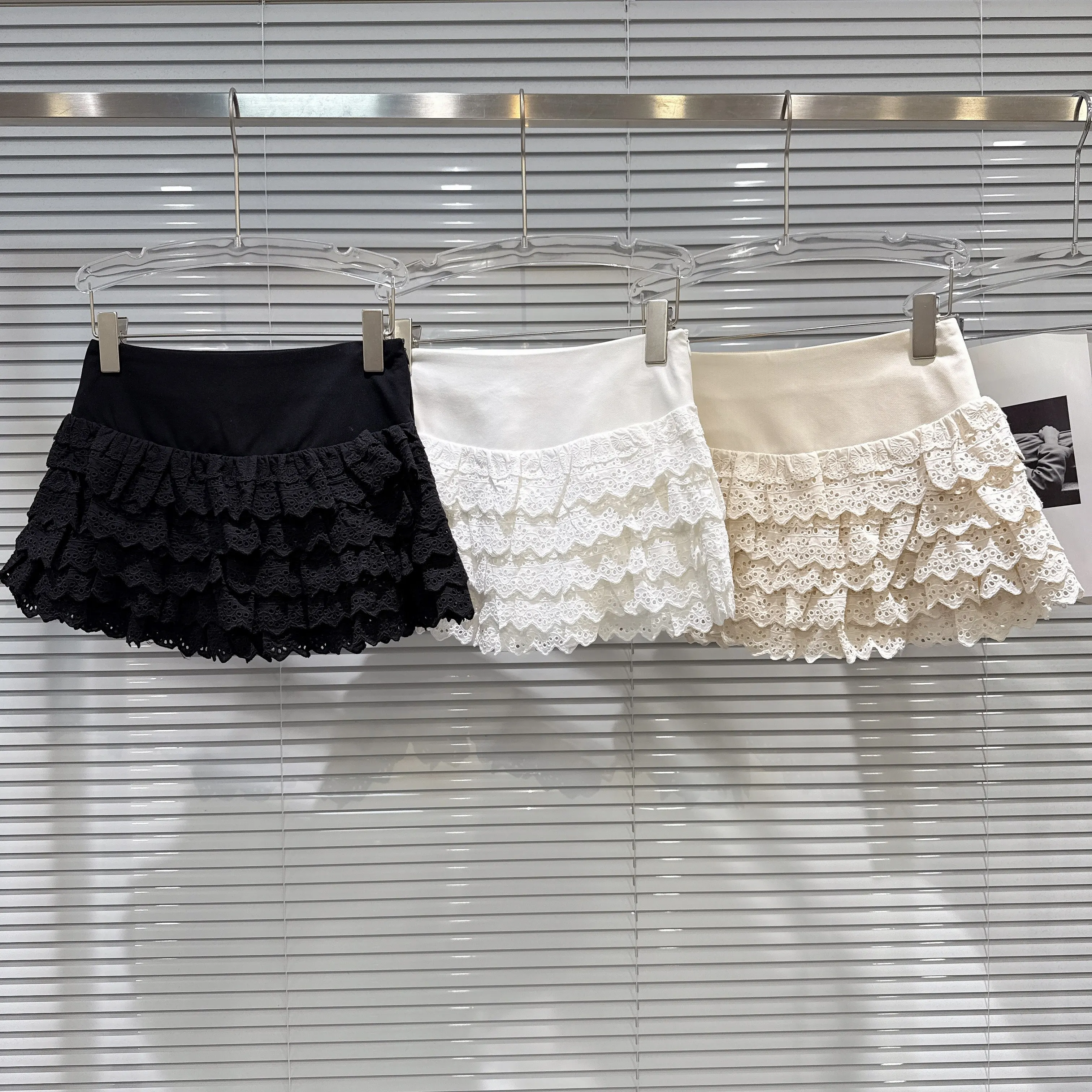 Women's Sweet Ballet Style Layered Ruffled Lace A Line Short Skirt Lady Summer Solid Color High Waist Cake Mini Skirt