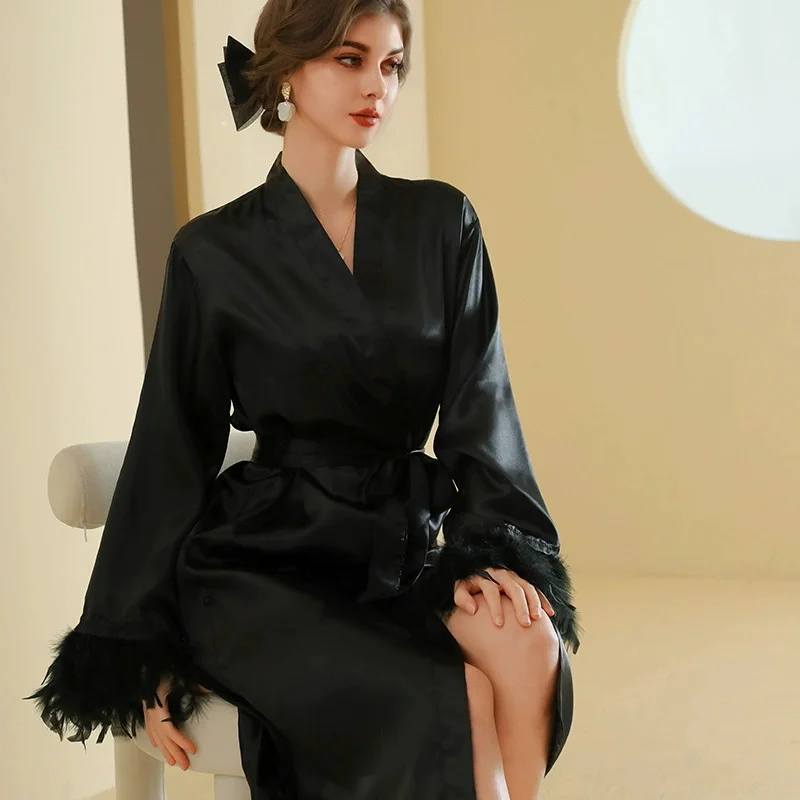 

Feather Bathrobe Gown Lady Luxury Wedding Bride Dress Long Sleeve Satin Home Clothes Spring Summer New Kimono Nightwear