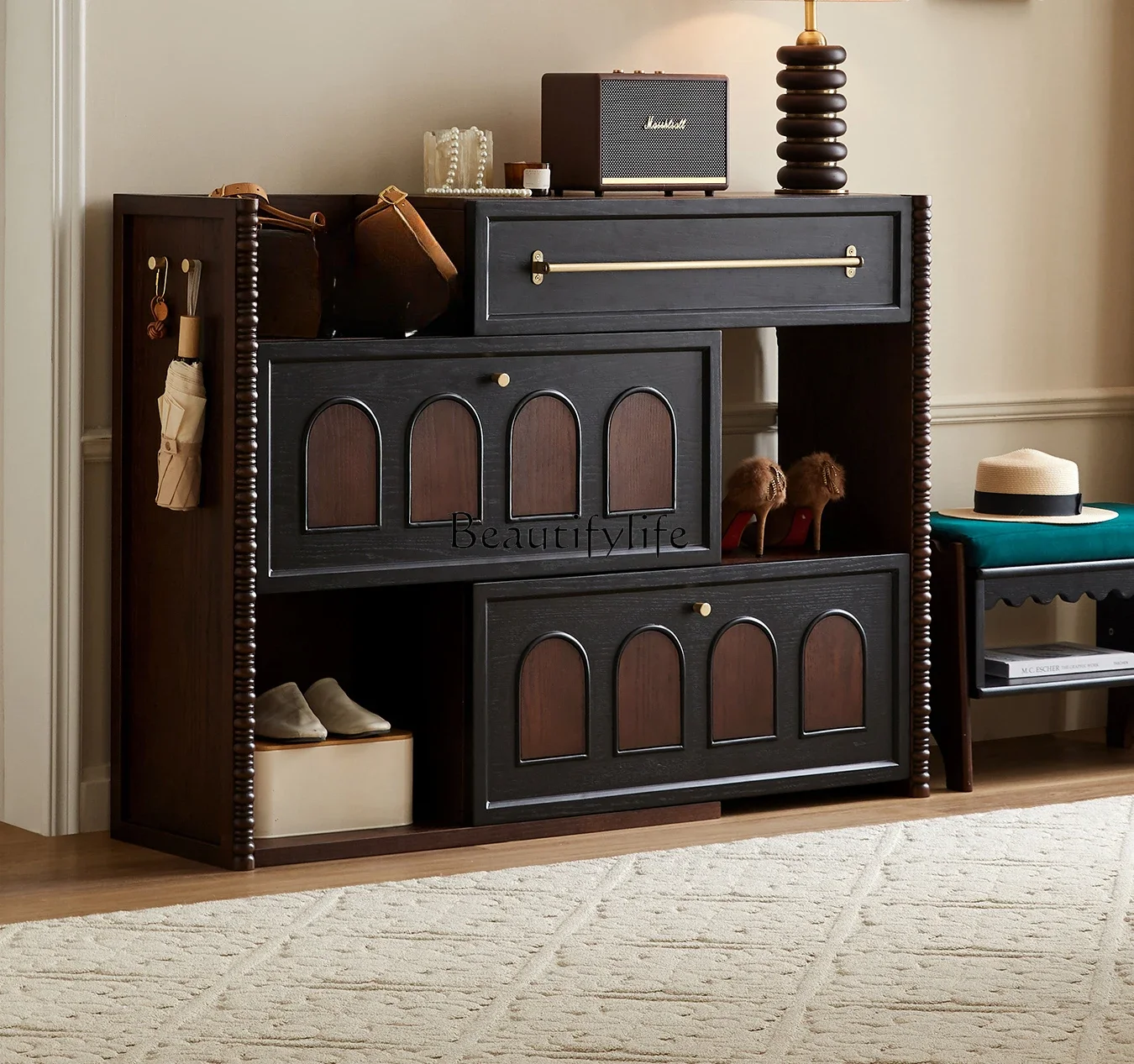 

05-*French retro solid wood home shoe cabinet, new medieval storage integrated against the wall