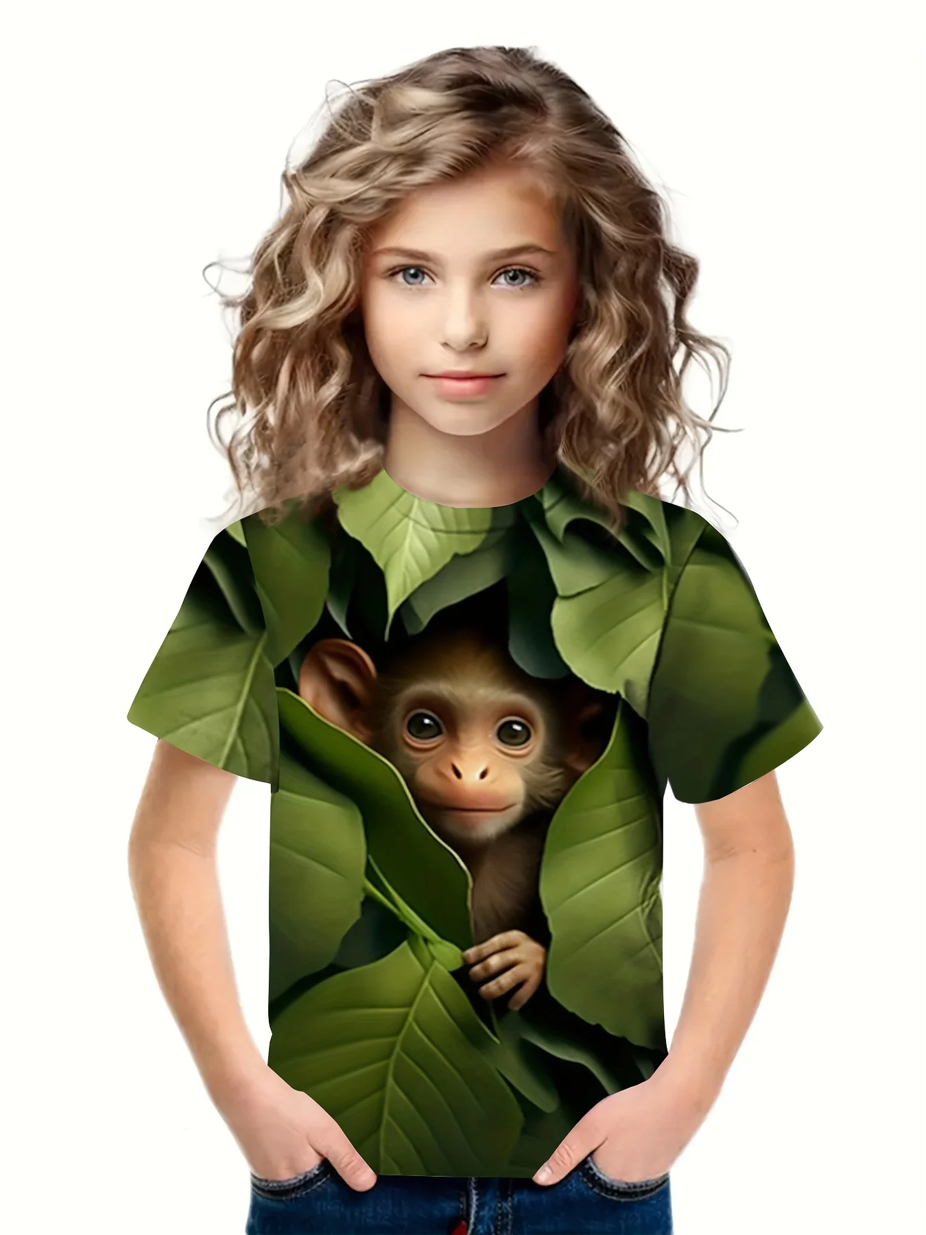 3D printing creative cute little monkey pattern cartoon boy and girl casual comfortable short sleeved round neck summer T-shirt