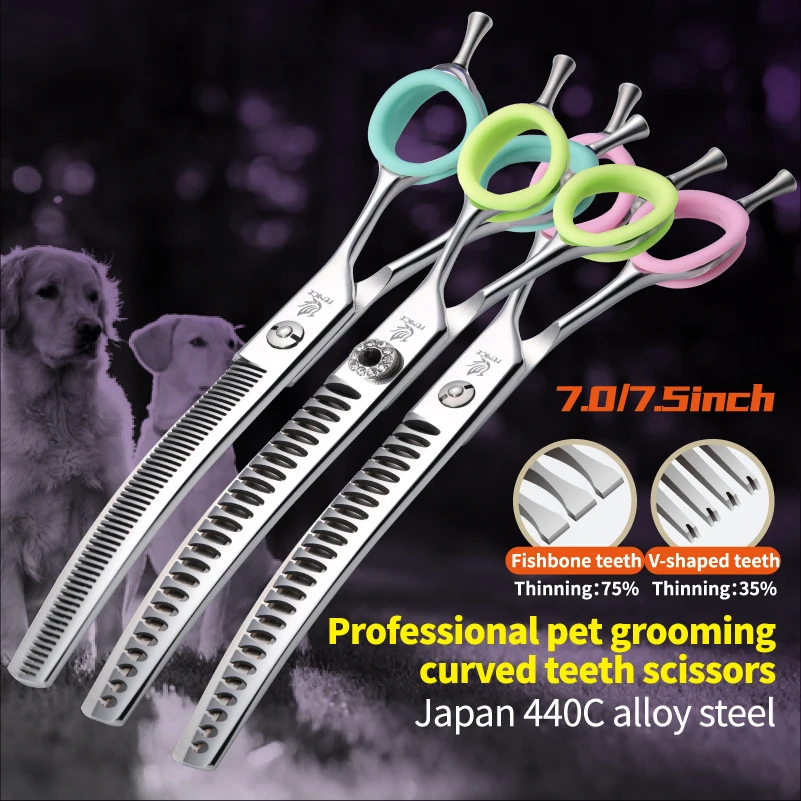 

Fenice 7.0/7.5 inch Professional Dog Grooming Shears Curved Thinning Scissors for Dog Face Body Cutiing JP 440C High Quality