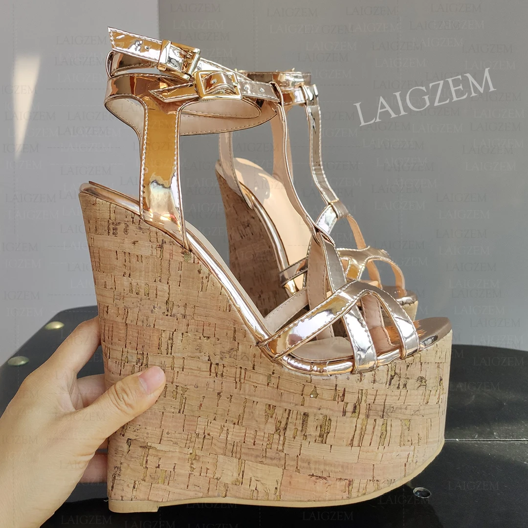 SEIIHEM Women Sandals Platform Open Toe Wedges 17CM High Heels Ankle Straps Metallic Shiny Shoes Woman Plus Size 39 42 44 45 48