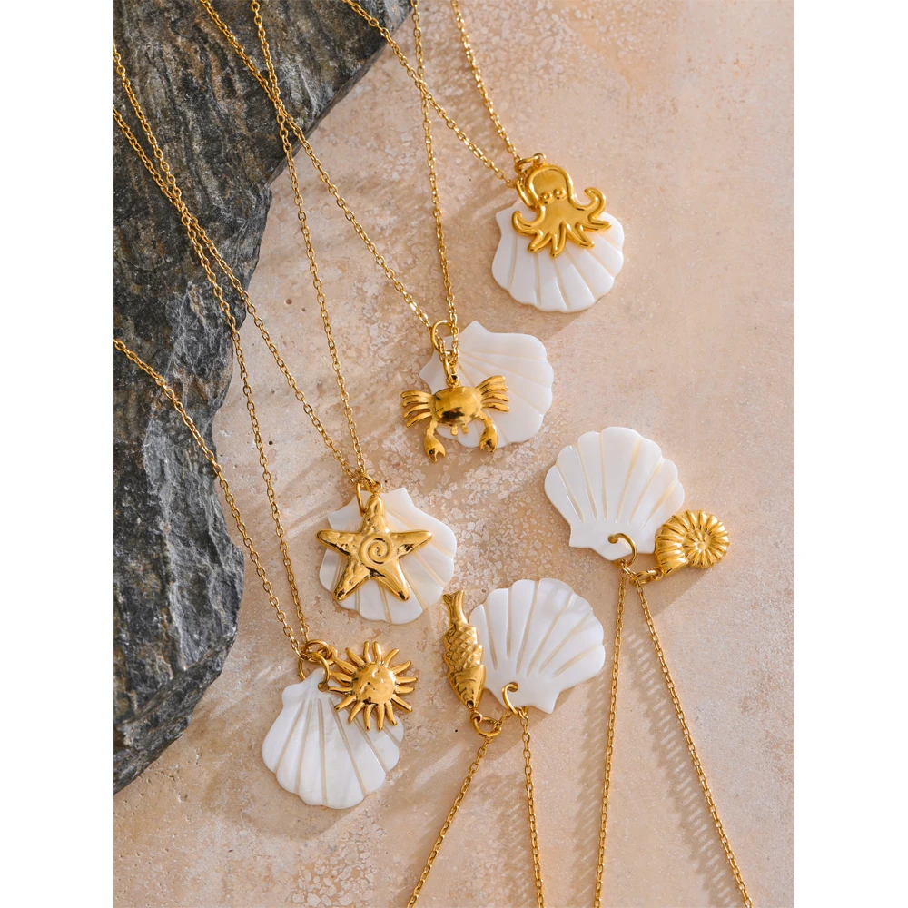 Yhpup Summer Ocean Style Shell Starfish Conch Pendant Necklace 18K Gold Color Plated Waterproof Charm Jewelry Gift