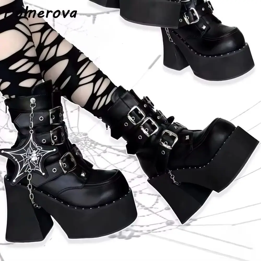 Gothic Spider Web Platform Boots Solid Chunky Heel with Multi Buckle Straps Ankle Boots Star Chain Charm Punk Rock Shoes