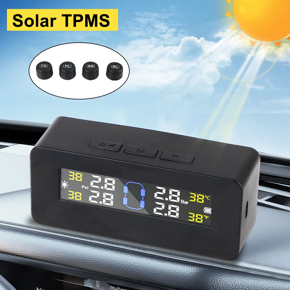 Tire Pressure Monitoring System Car TPMS Auto Security Alarm Systems Solar/USB Powered Digital LCD Display