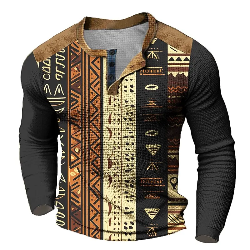 

Fashion Men's Long Sleeve Henley T-Shirt 3D Printed Geometric Pattern Retro Henry Collar Pullover Loose Quick Dry Casual Clothes