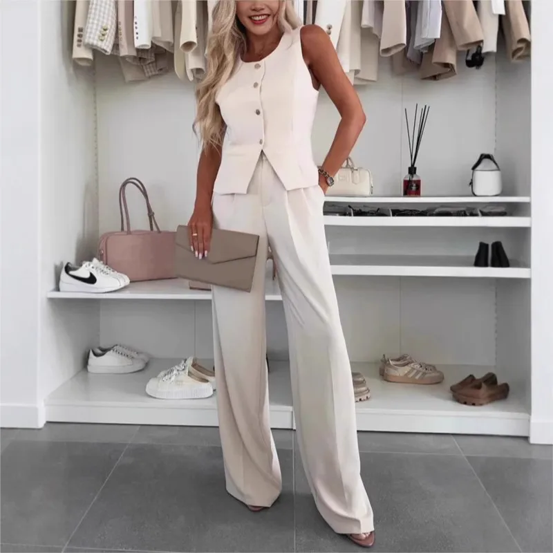 

Повседневный однотонный комплект для поездок на работу, женские темпераментные тонкие вечерние комплекты из двух предметов, элегантный топ на пуговицах с круглым вырезом и длинные брючные костюмы