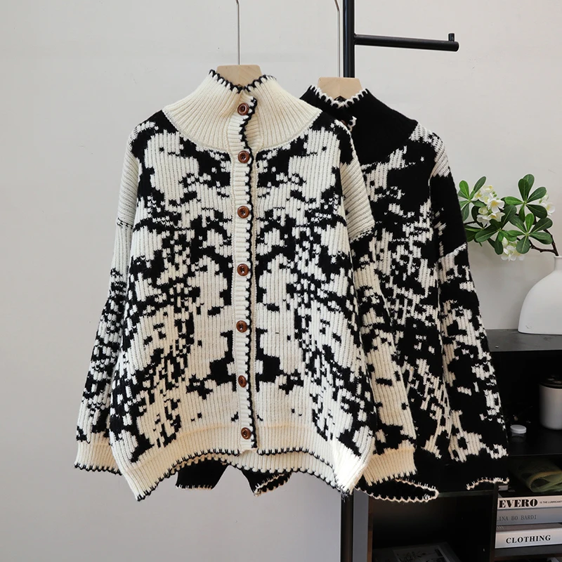 

Harajuku Vintage Y2k Cardigan High Collar Long Sleeve Sweater Autumn Winter Lazy Style Women Casual Loose Sweater Coats Clothing
