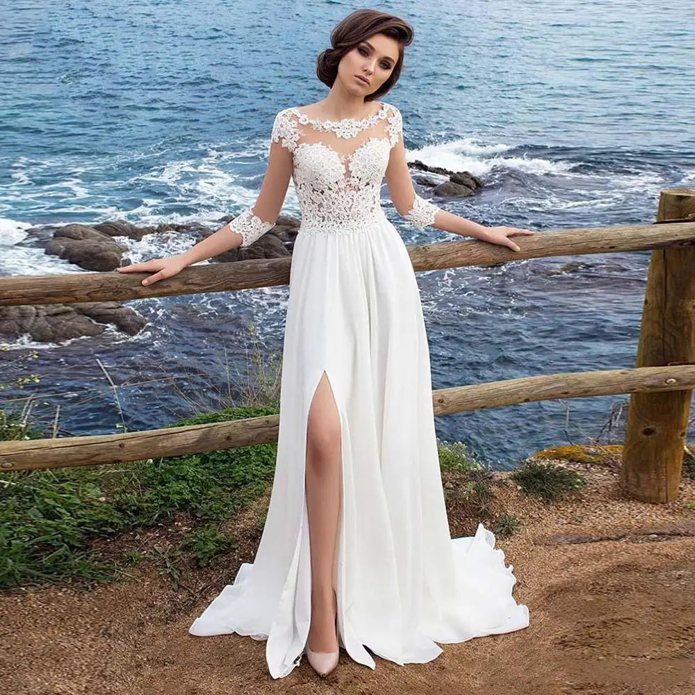 

Beach Chiffon Wedding Dress Lace Appliques 2024 Dress A-line Slit Side Vestido De Novia Playa Bridal Gowns amanda novias