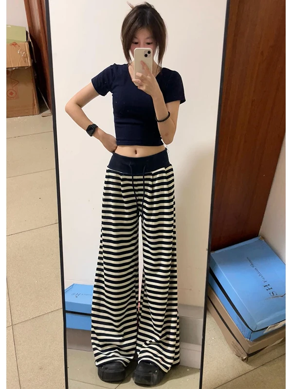 ハイウエストワイドレッグパンツ レディース カジュアルパンツ ストライプカラー ブロードレープ 秋ファション スリミング ロングストライプパンツ