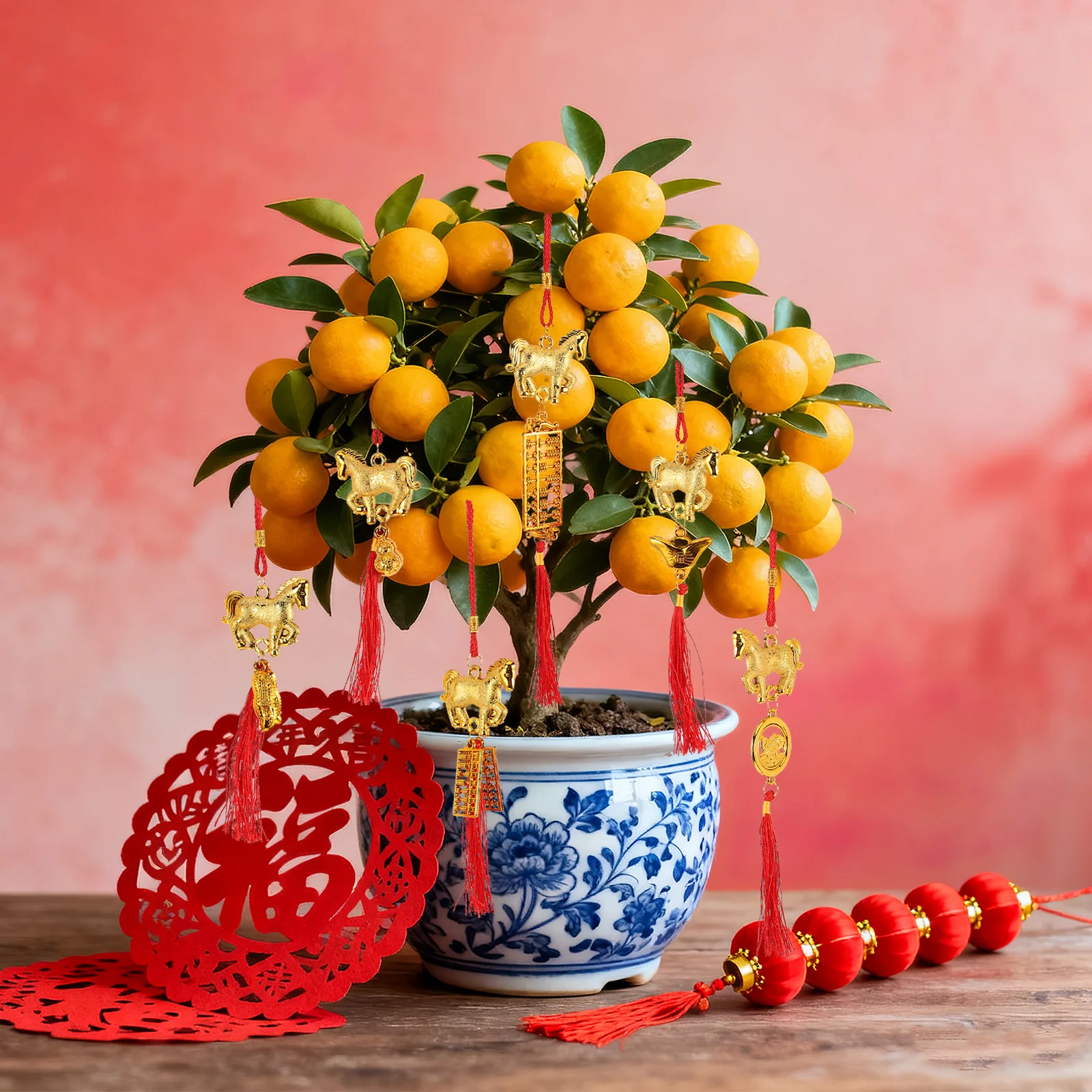 

6Pcs Horse Year Statues Chinese New Year Lucky Charms Red Tassel Pendant Set for Indoor Plant Decor Festive Hanging Ornament