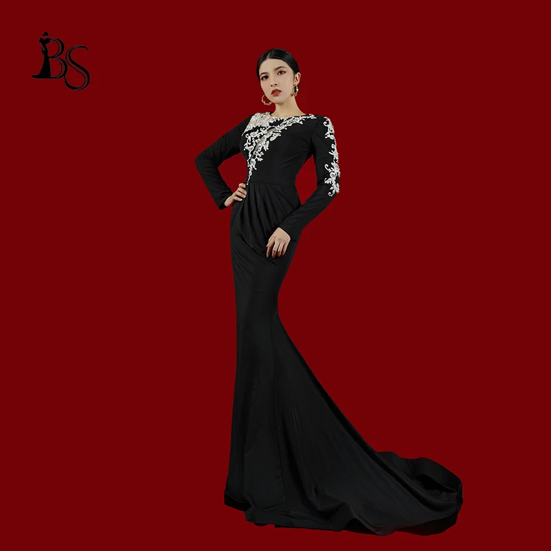 Mermaid Evening Dress Embroidery Beaded Custom Black Long Sleeve Gown Formal Occasions فساتين سهرة فستان العيد2024 H1561