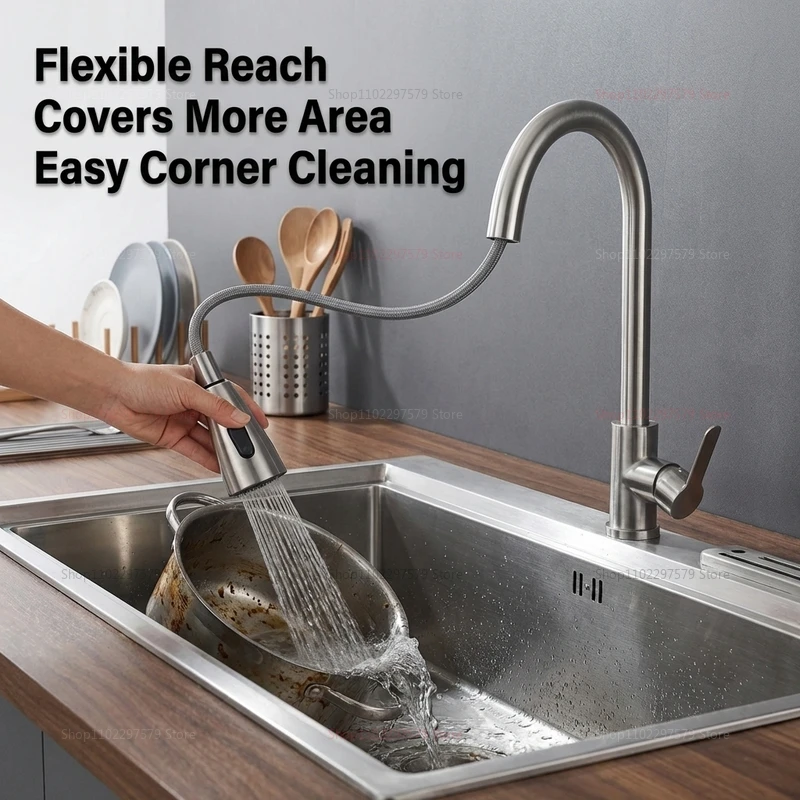 

Stainless steel kitchen faucet single hole pull out spout kitchen sink mixer faucet flow spray head 360 swivel cleaning faucet