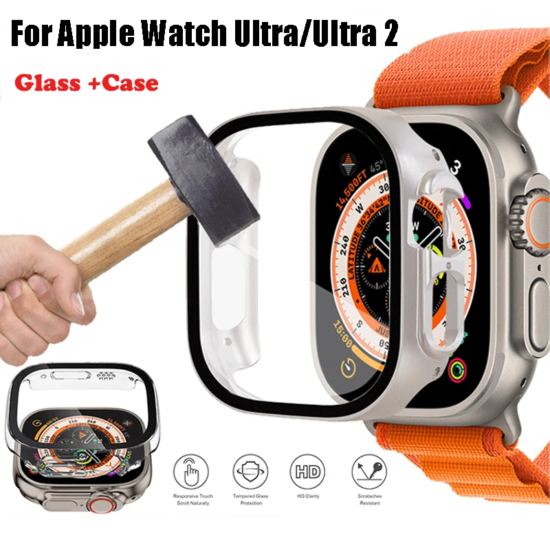 Glass+Case for Apple Watch Ultra 2 49mm Smartwatch Case Screen Protector Bumper Tempered Protective Cover for iwatch Ultra 49mm
