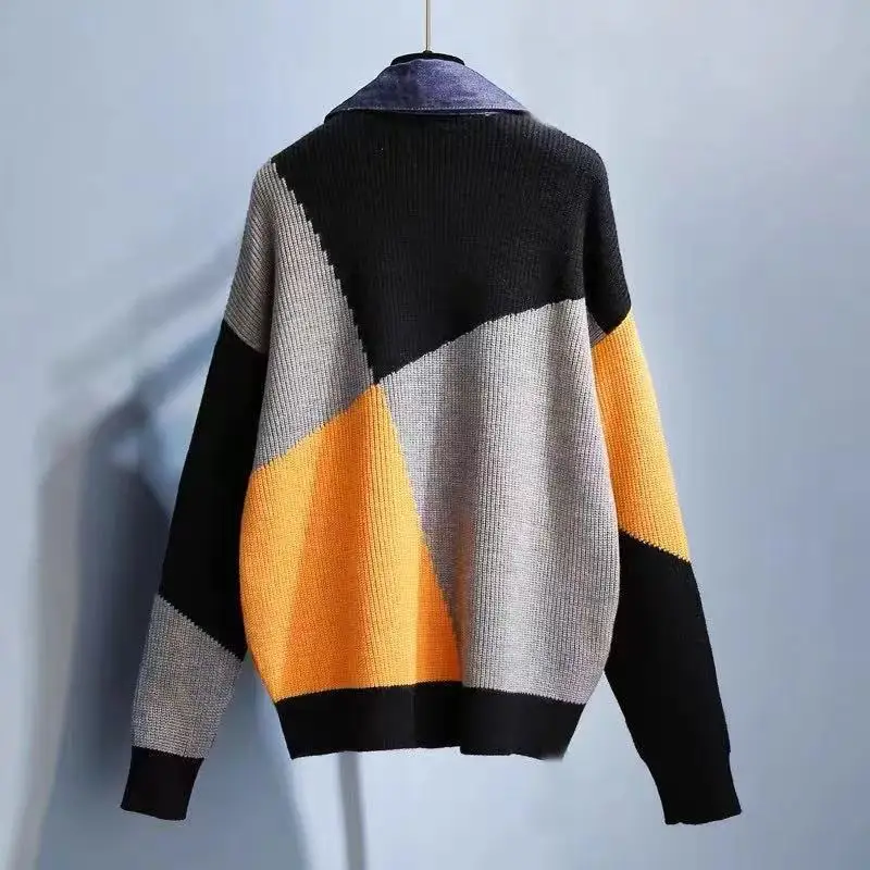 Fashion Streetwear Contrasting Colors Patchwork Cardigan Single-breasted Autumn Winter Denim Polo-Neck Fake Two Pieces Sweaters