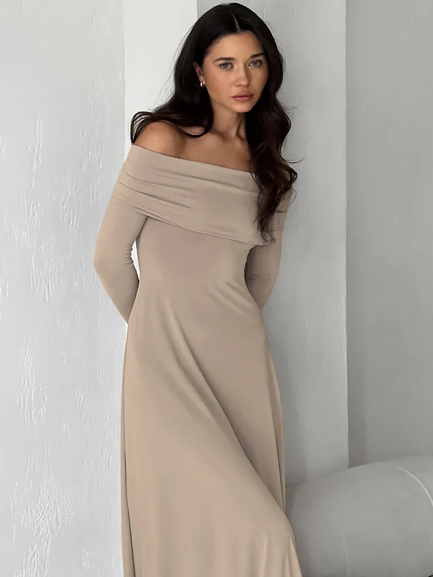 Chic Shoulderless Evening Long Dress 2024 New Autumn Long Sleeve A-line Party Dresses Fashion All-match Slash Neck Naked Dress