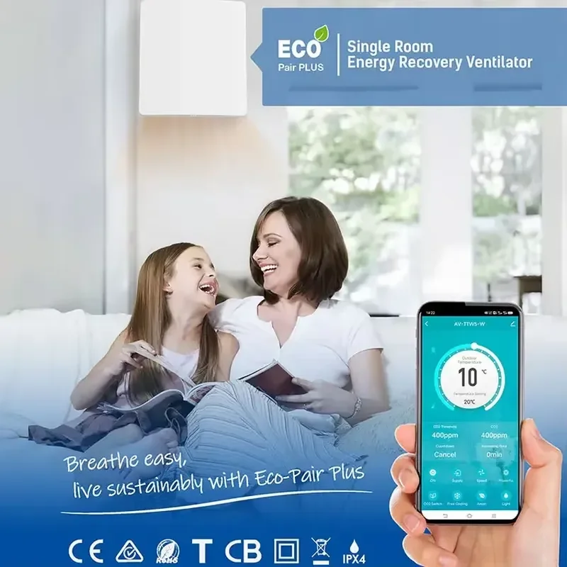 97% Heat Recovery Efficiency Ventilator Ductless Exhaust Fan Home Ventilation Wifi Control Oneroom Wall Mounted Heat