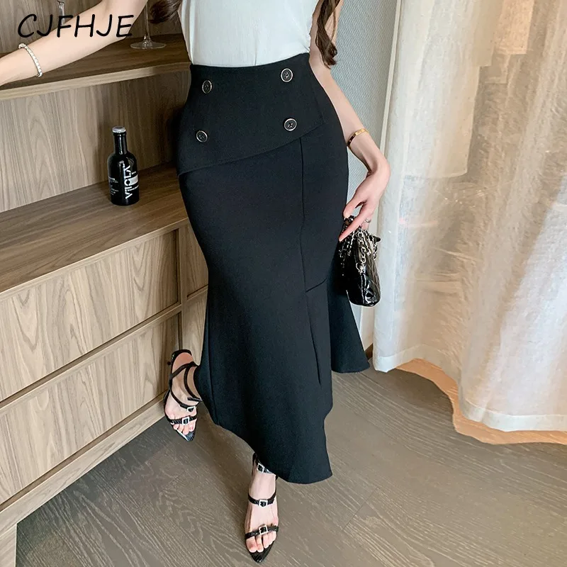 

CJFHJE Women's Fashion Irregular Mid Length Fishtail Skirt Korean Versatile High Waist Elegant Women Button Wrapped Hip Skirt