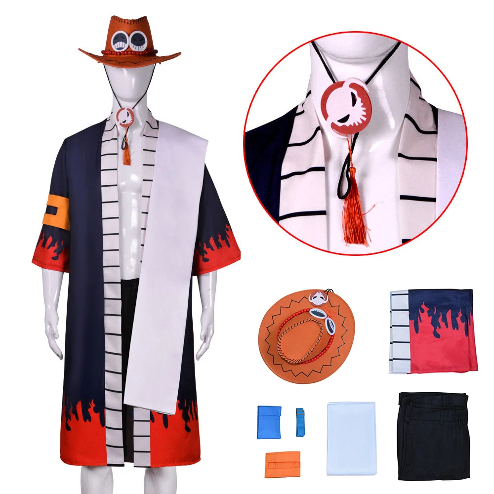 

Hot Inspired by Anime Pirate Series Portgas D. Ace Cosplay Costume Kimono Full Set Halloween Role Play Outfit for Adult Hat Suit
