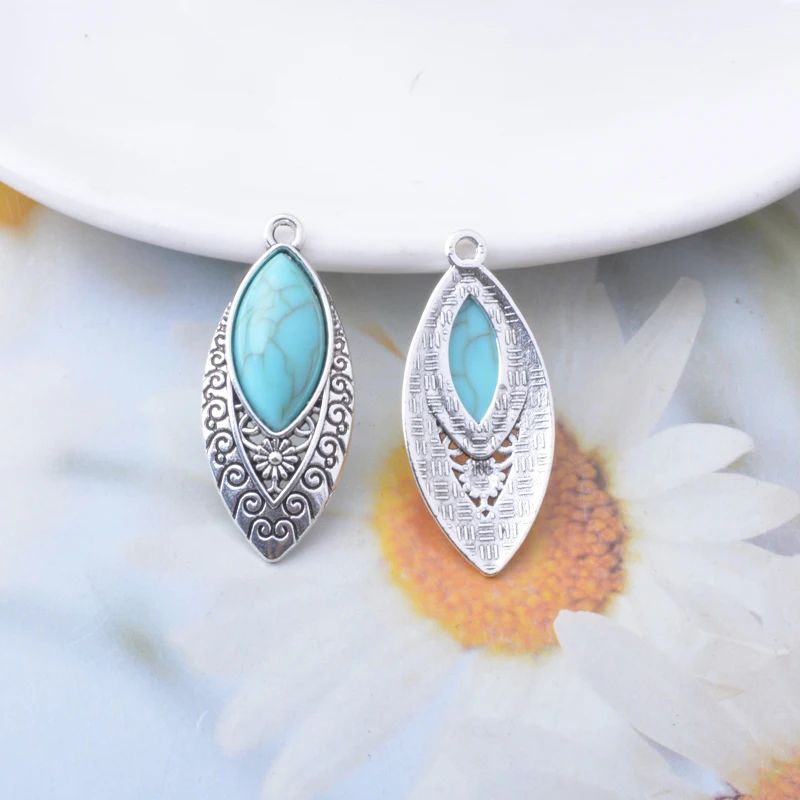 10pcs Antique Silver Color Alloy Imitation turquoise stone Round Connector Heart Water Drop  Leaf Charms Jewelry Pendants