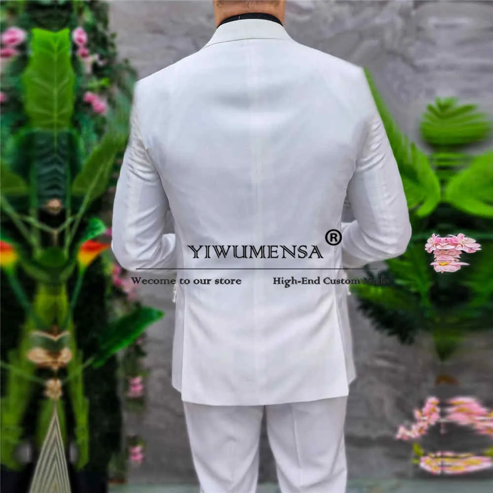 Luxury Wedding Suits For Men White Pearls Black Lapel Jacket Vest Pants 3 Piece Formal Groom Tuxedos Bespoke Man Ceremony Dress