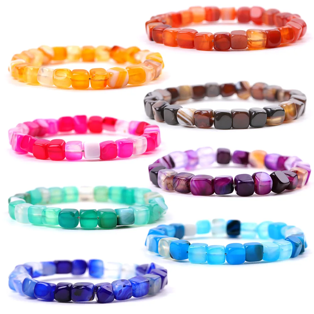 

10pcs Summer Natural Agate Stone Bracelet Cubic Square Beads Healing Energy Fantastic Friendship Beach Bracelet for Couple Women