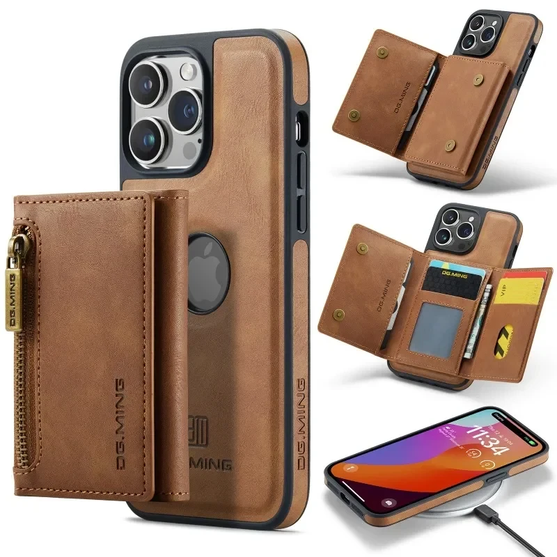 

2 In 1 Detachable Magnetic Leather Wallet Phone Case For iPhone 15 14 13 12 11 Pro Max Plus Zipper Card Slot Pocket Holder Cover