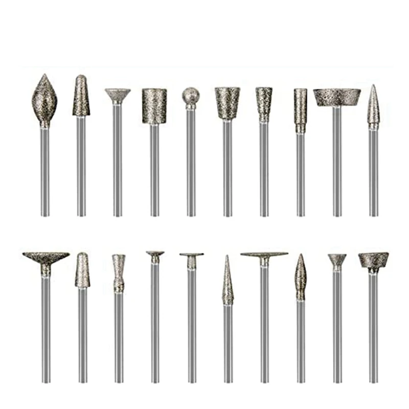 Stone Carving Set Diamond Burr Bits,20PCS Polishing Kits Rotary Tools Accessories With 1/8 Inch Shank For Carving