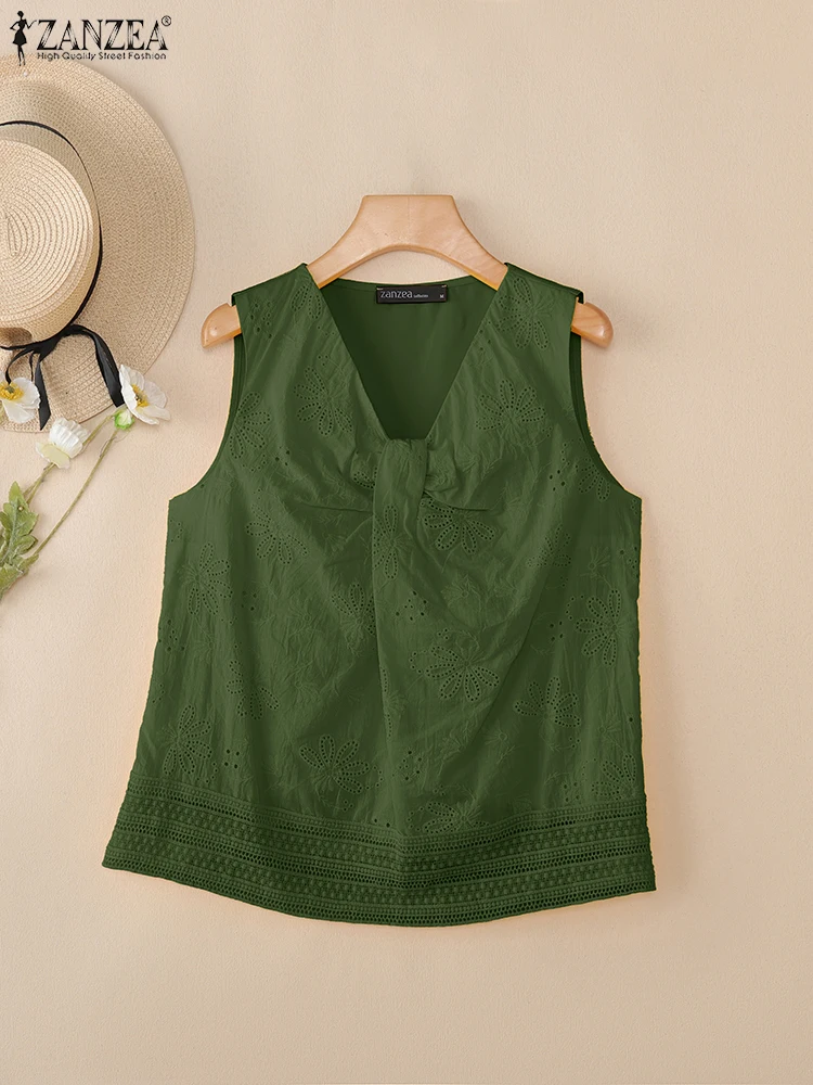 

2025 ZANZEA Summer Lace Crochet Blouse Stylish Women Tanks Tops Hollow Out Embroidered Shirt V Neck Sleeveless Holiday Camis