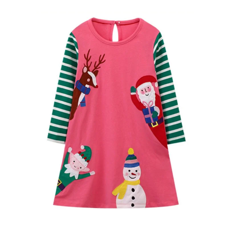 

Jumping Meters Christmas Long Sleeve Girls Dresses Snowman Tree Embroidery Children's Clothes Autumn Winter Toddler Kids Costume