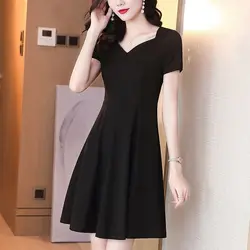 Korean Fashion Woman Fashion Elegant Dress Summer New Short Sleeve V-Neck Office Lady All-match Pullover Casual Mini Tunics Robe