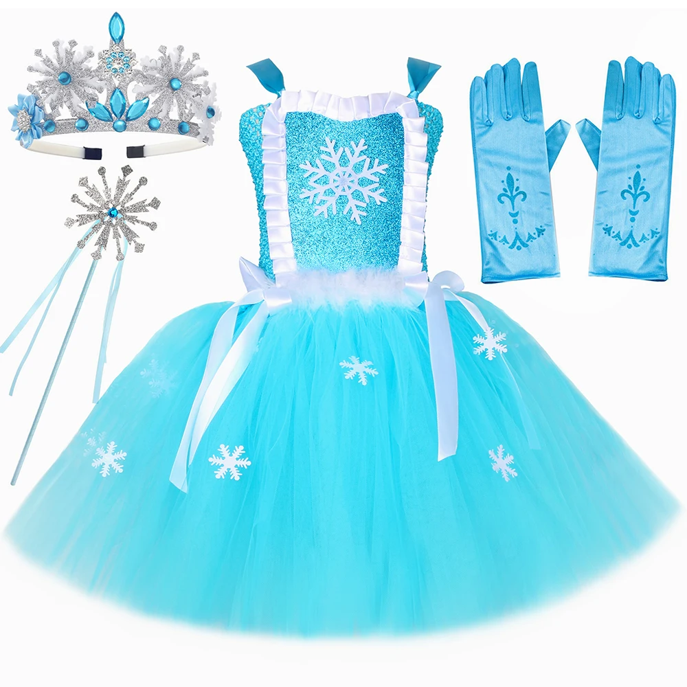 Disfraz de princesa Elsa para niñas pequeñas, vestido de fiesta de cumpleaños de Halloween, ropa con copos de nieve azules, vestido tutú de tul de Reina de Hielo para niños